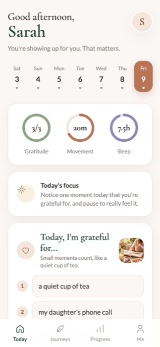 The Today screen of the 40+ Wellness Journal