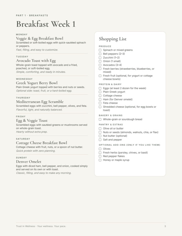A weekly menu page with a shopping checklist