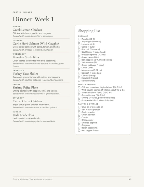 Weekly menu and shopping list