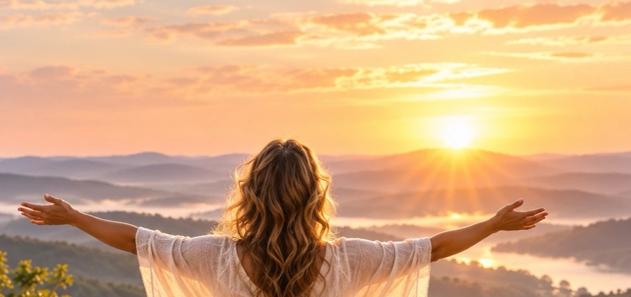A woman with open arms on a hilltop at sunrise