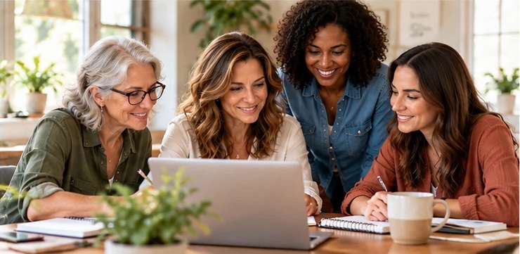 Four women working together around a laptop